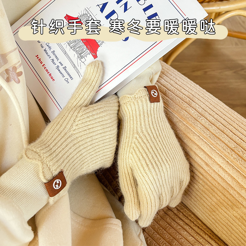かわいい純色のレースのカシミヤの毛の5本の指の手袋の秋冬の騎乗の防寒の保温の成人は指を分けてタッチパネルの女性を指します。|undefined