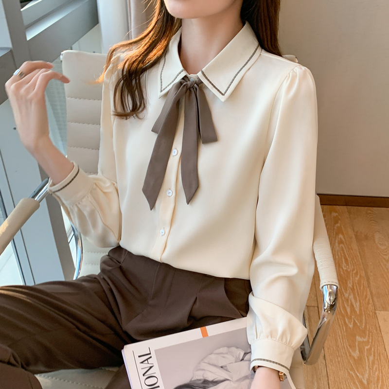 프랑스 활 셔츠 여성의 2025 봄과 가을 새로운 레이스 업 서양식 시대 감소 시폰 탑 셔츠 내부