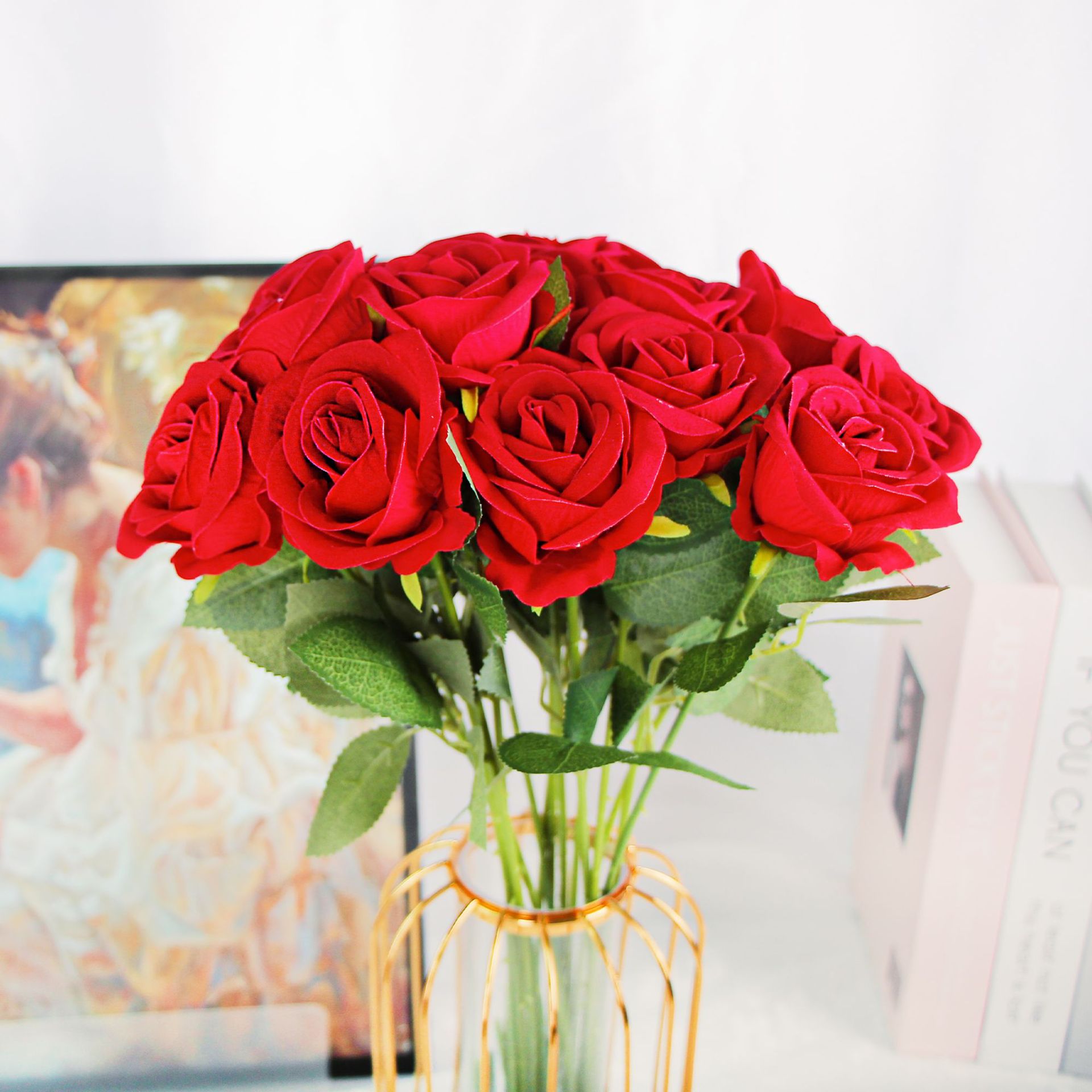 Franela de simulación transfronteriza rosa boda decoración del hogar rosa flor falsa ramo único accesorios adornos de rosas