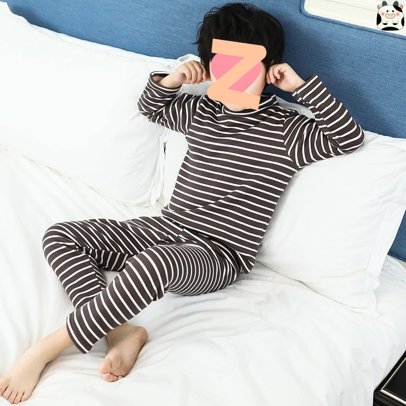 Boys' Fleece-Lined Thickened Thermal Clothing Autumn and Winter Children's Striped Pajama Set for Older Boys Home Wear Trendy