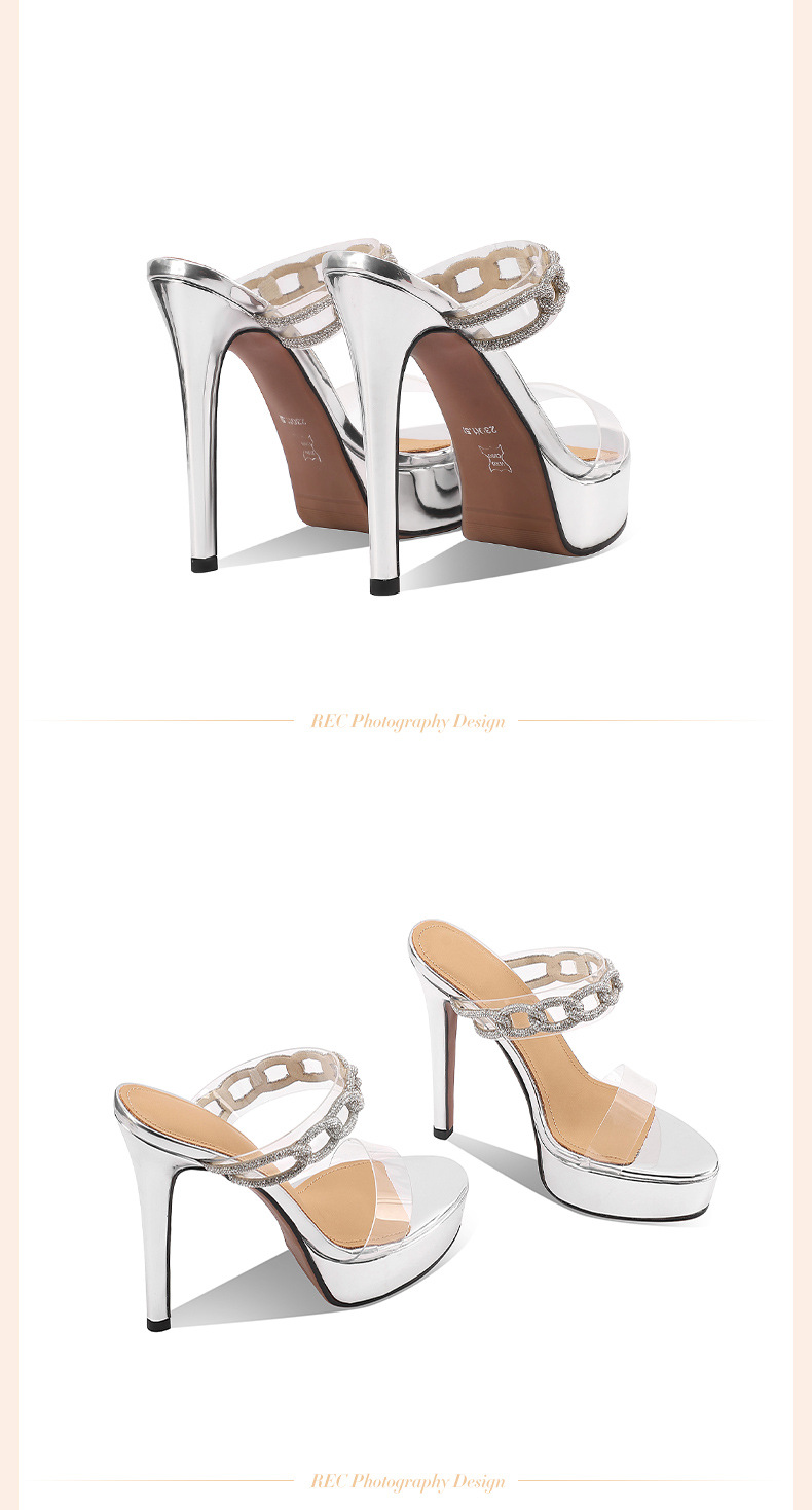 Sandal cao gót nữ quai ngang trong suốt đính đá, gót 13 cm, đế platform — Đen 13cm chi tiết 12