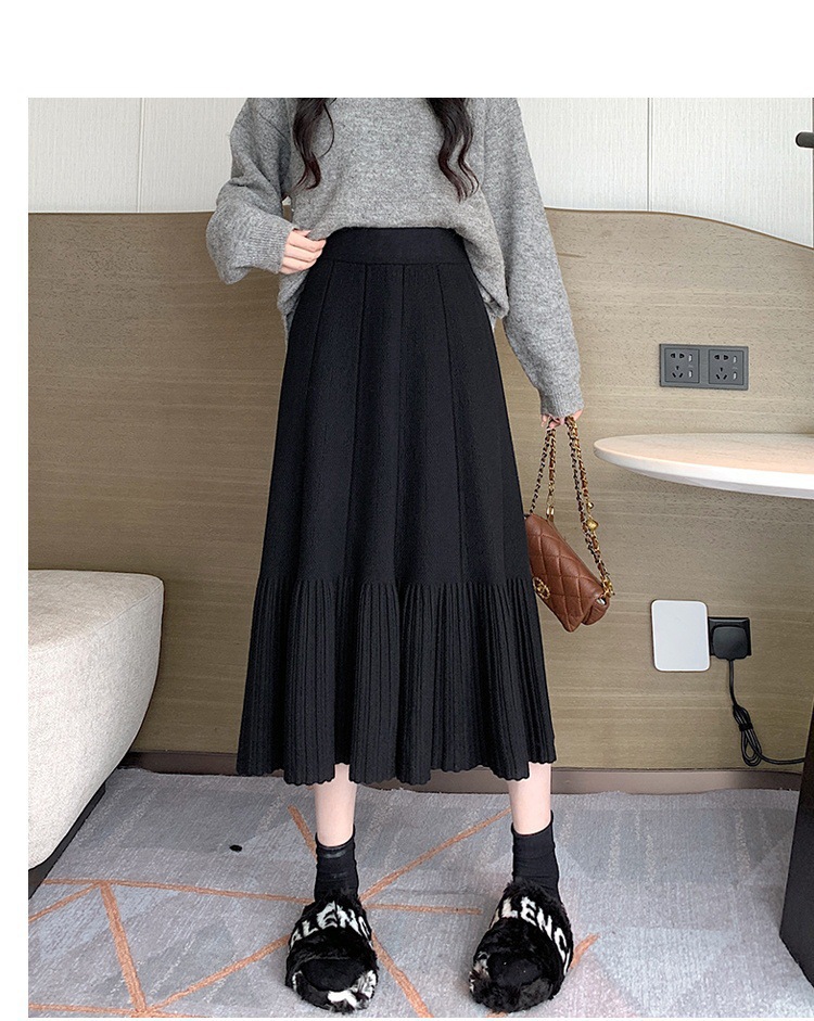 Pleated Knitted Skirt Women'S Autumn And Winter New Fashion High Waist Korean Version Casual And Thin Big Swing Skirt A-Shaped Skirt Umbrella Skirt 35 Undefined
