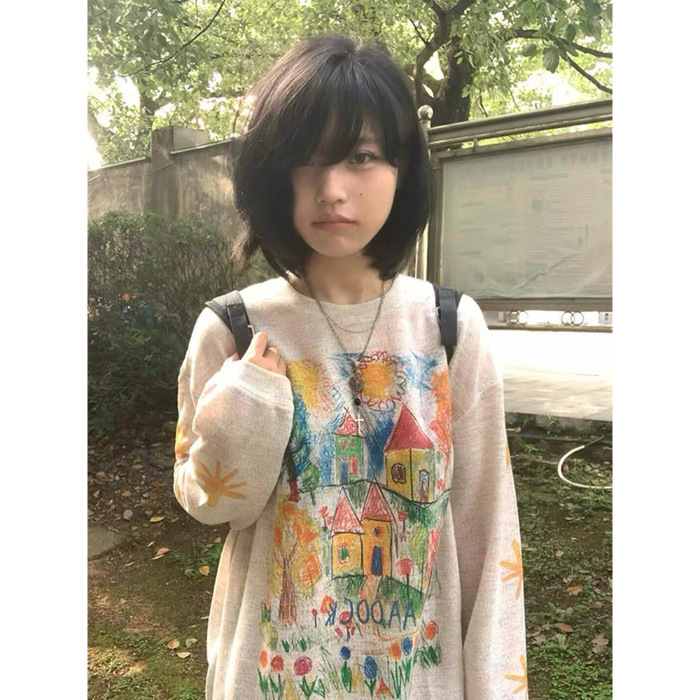 1285#实价广州原版面料 彩色手绘涂鸦防晒罩衫女网纱宽松长袖T|undefined