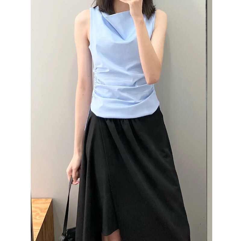 Cos Style 2026 Spring New One-Shoulder Draped Collar Sleeveless Knit Solid Color Elastic Commuter Waist-Cinching Tummy-Covering Vest