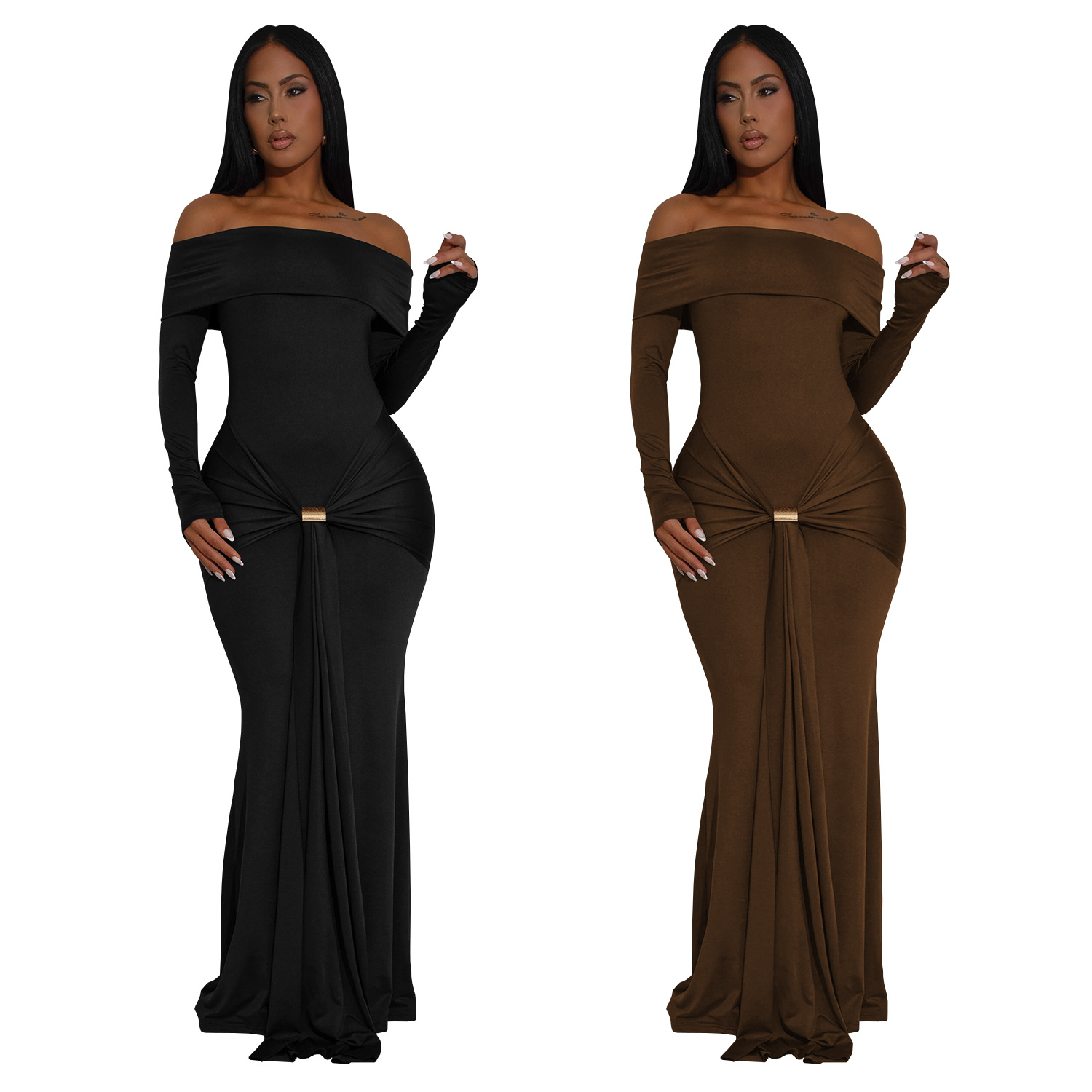 C7559 Aliexpress transfronterizo amazon ropa de moda europea y americana de hombro larga manga hebilla de metal vestido de cola de pez image 6