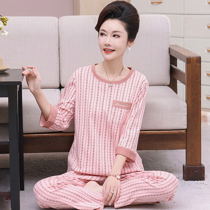 One-Piece Drop-Shipping Women's Long-Sleeved Pure Cotton Pajamas for Middle-Aged Mothers Spring & Fall Loose Thin Plus Size Home Wear Set