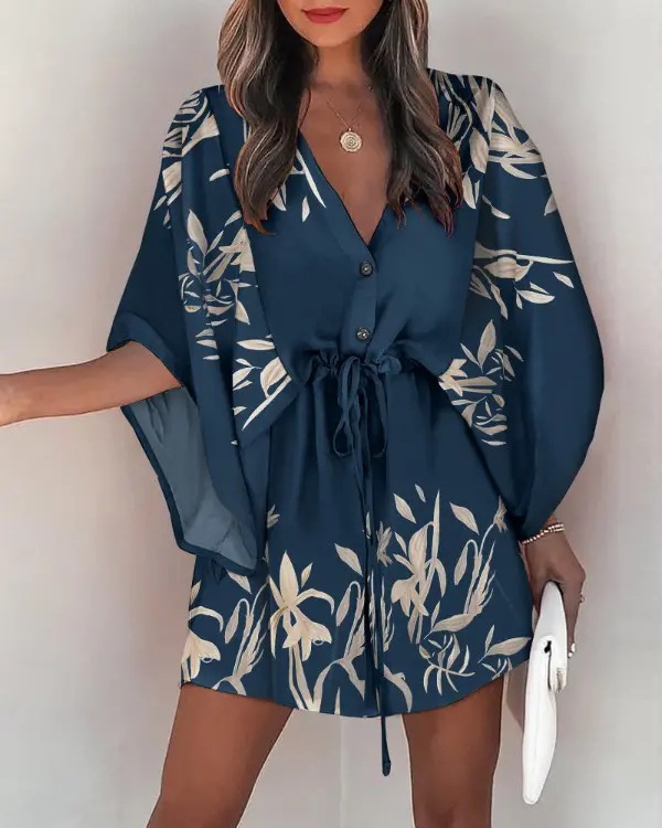 Transfronterizo europeo y americano de verano manga de vuelo Amazon deseo popular con cuello en V con cordones de ocio vestido de vacaciones ropa de mujer