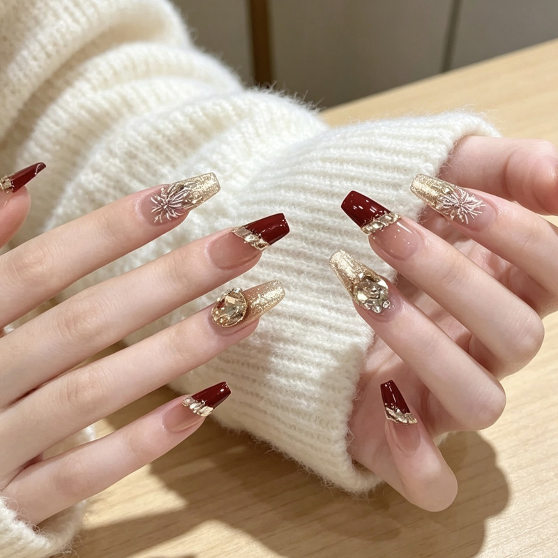 New autumn and winter cat-eye handmade wearable nails, high-end handcrafted red medium-length bridal wedding nail pieces wholesale
