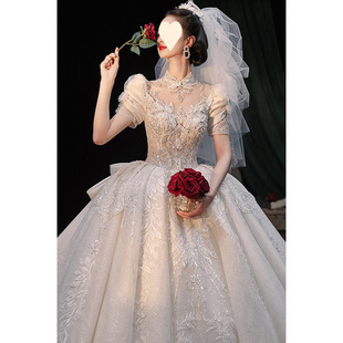 French Satin Wedding Dress 2025 New Bride High-Quality Luxury Long-Sleeved Main Gauze Dress with Large Tail Wedding Veil