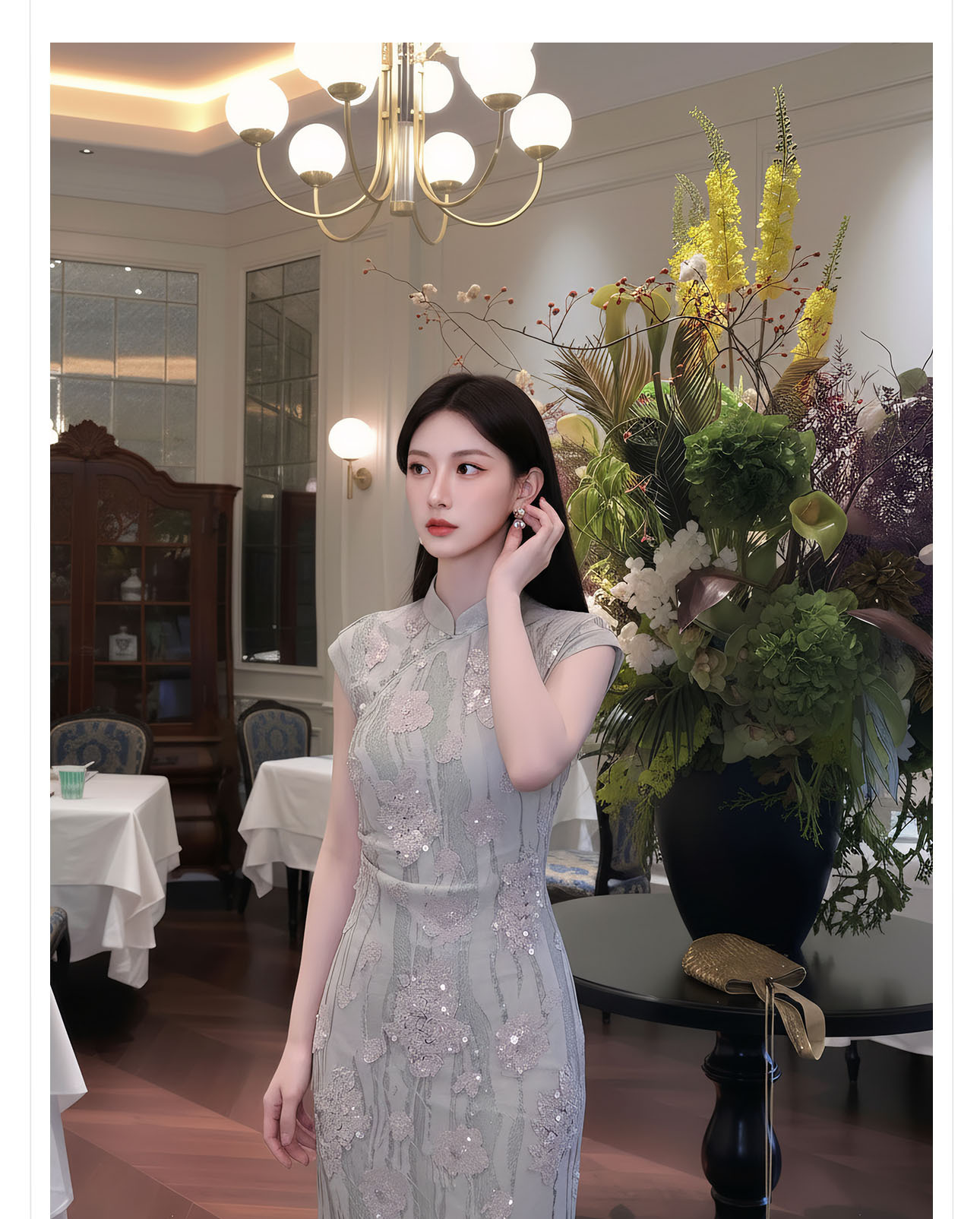 Đầm maxi thắt eo phong cách Tân Trung Hoa ren hoa nổi tay lỡ — Xám gạo chi tiết 3