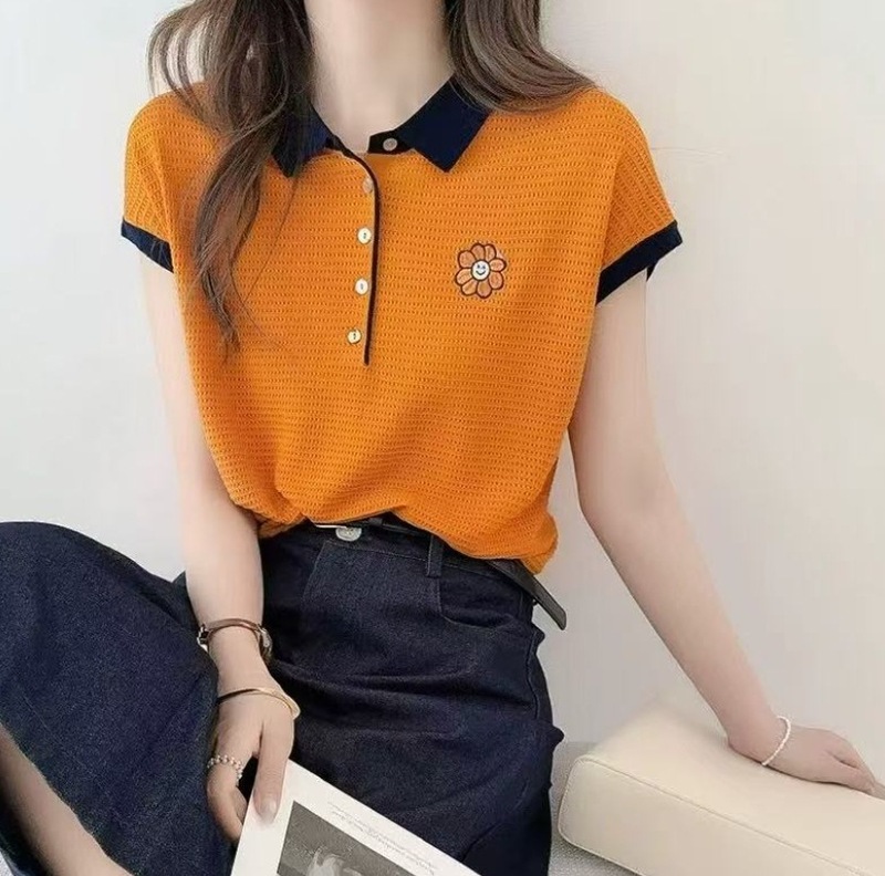 スマイリーフェイスひまわり刺繍薄手半袖セーター夏の気質スリムハーフブレストカラーブロックラペルトップ女性用|undefined