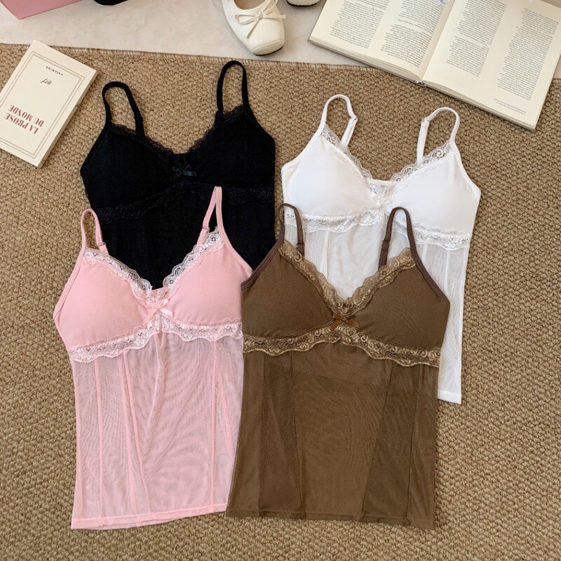 Purely sensual lace fishbone spliced camisole with bow, new slim-fit figure-enhancing sleeveless top with chest pads