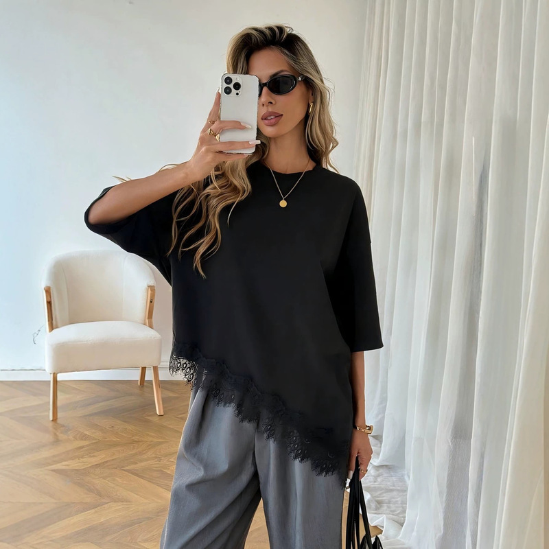 2026 Summer New Cross-Border Women's Clothing with Elegant Design, Asymmetrical Hem, Lace Splicing, Short-Sleeved Plus-Size T-Shirt Top for Women 2026 Summer New Cross-Border Women's Clothing with Elegant Design, Asymmetrical Hem, Lace Splicing, Short-Sleeved Plus-Size T-Shirt Top for Women