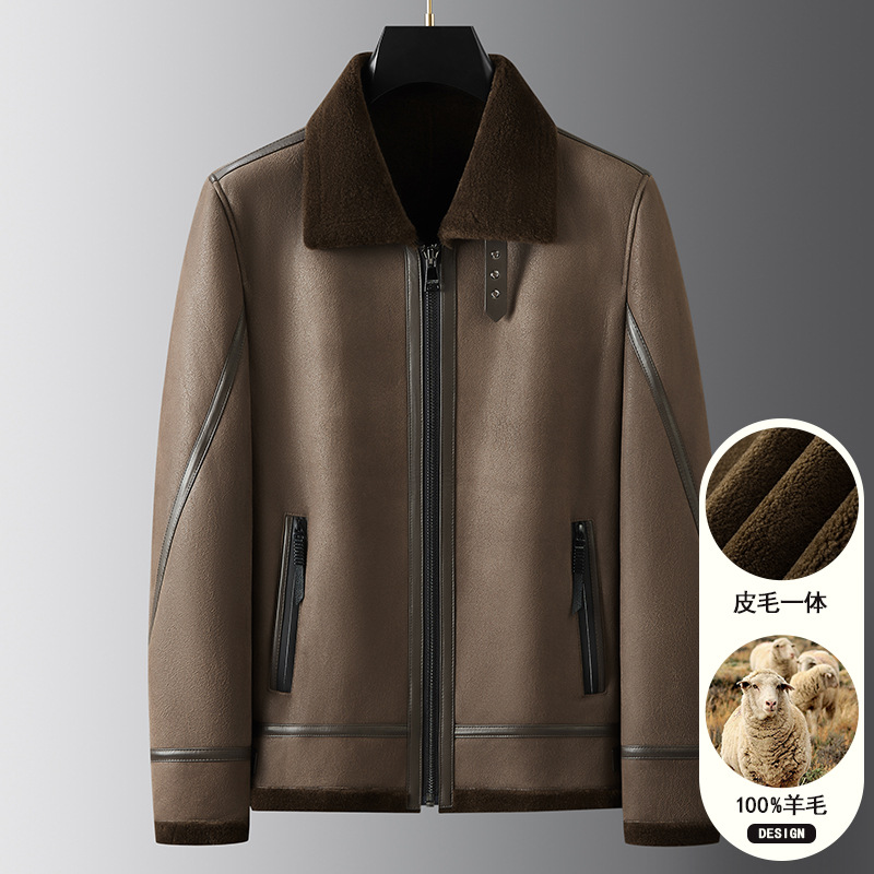 2025冬季男士商务棉羊皮衣中老户外绅士一体羊毛内胆皮草外套代发