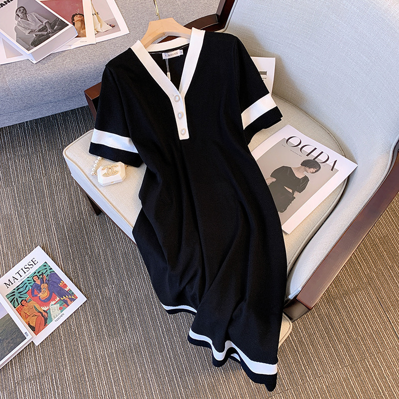 Plus-Size Women's Ice Silk Knit Round-Neck Dress, Summer Slimming Mid-Length Dress for 200/300 Jin, 81877