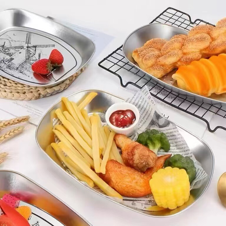 Tinplate Tray Vintage Household Stainless Steel Camping picnic Plate Snacks Fried Food Barbecue Fruit Plate