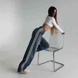 跨境外贸女装街头高腰牛仔裤女款设计感小众条纹拼接显瘦牛仔裤女