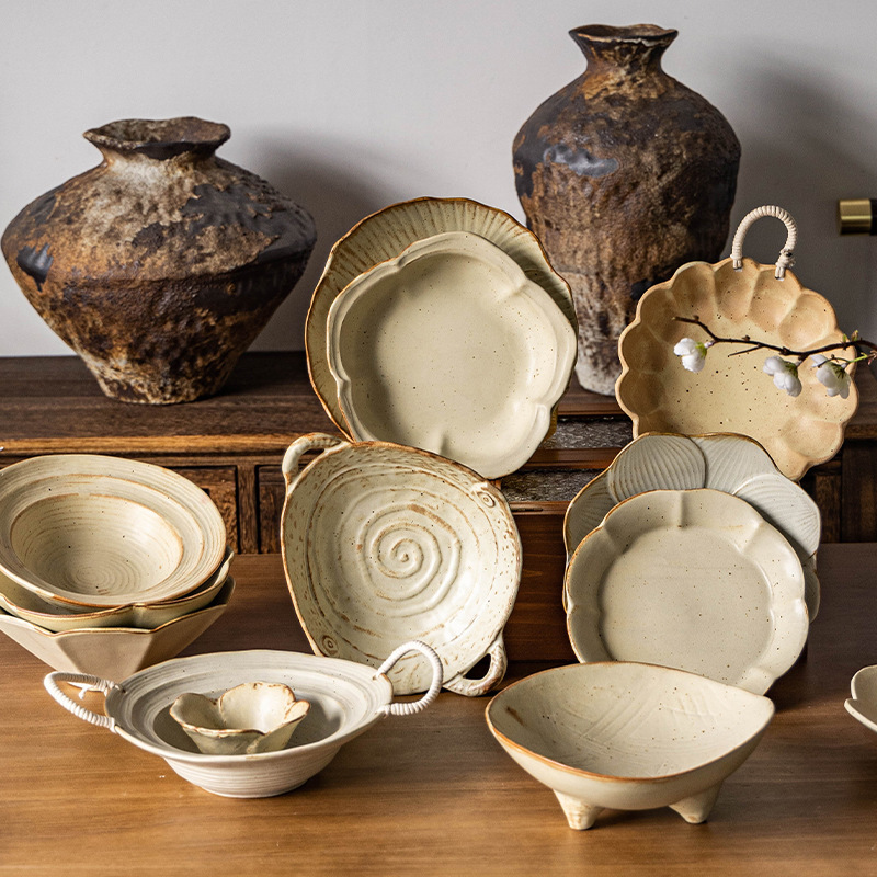 Vintage stoneware tableware collection hand-made stoneware restaurant salad bowl home stay dish dip dish fruit plate