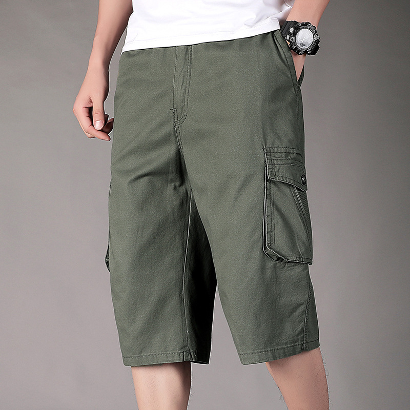 Men's Casual Elastic Waist Beach Pants Plus Size Loose Fit Men's Pants Middle-Aged Cropped Pants Pure Cotton