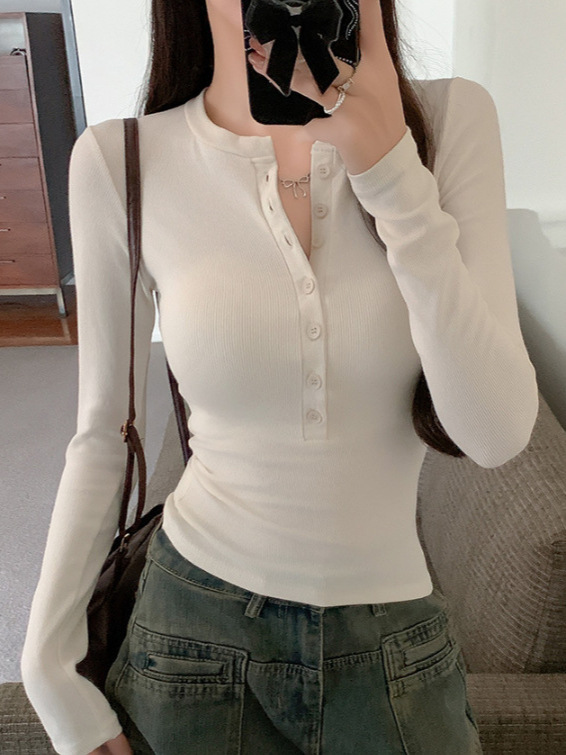 ins性感纯欲纽扣哺乳长袖T恤女秋装V领时尚修身显瘦打底上衣女T潮