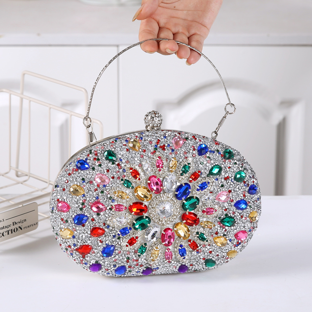 337g Weight Polyester Lining Material Lock clasp Closure Type Top Handle Strap Type Evening Bag Bags Type Party Occasion Pu Leather Material Printing Pattern All Seasons Season Women's Gender Diamond Design Elegant Style Oval Shape Small Size Pu Leather Printing Oval Evening Bags 22
