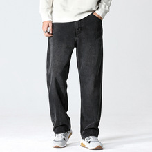 美式牛仔裤慵懒风男宽松直筒黑色阔腿裤秋冬复古男士加绒裤子批发