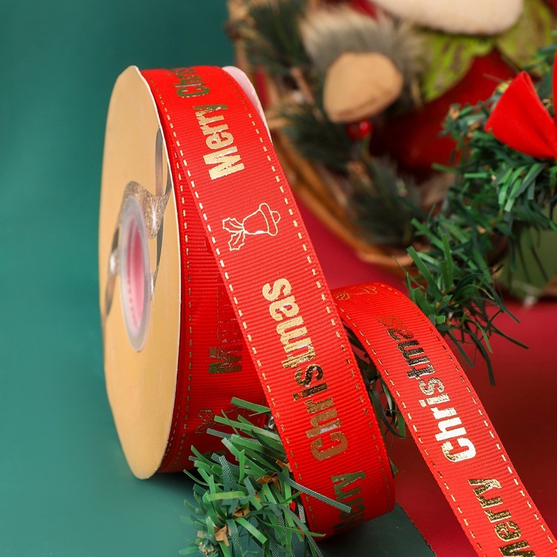 クリスマスリボン卸売 2.5cm クリスマスリボン メリークリスマス文字金箔入りリボン|undefined