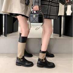 牛皮葡萄妈拼色复古真皮骑士靴子皮带扣粗跟厚底马丁靴女西部长靴