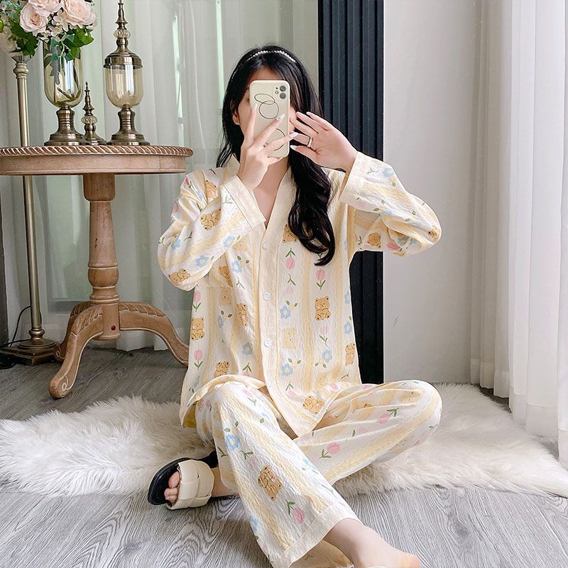 Al por mayor transfronterizo coreano dulce nubes pijamas de algodón mujeres cardigan de otoño de manga larga pantalones largos dos conjuntos de ropa de hogar para usar