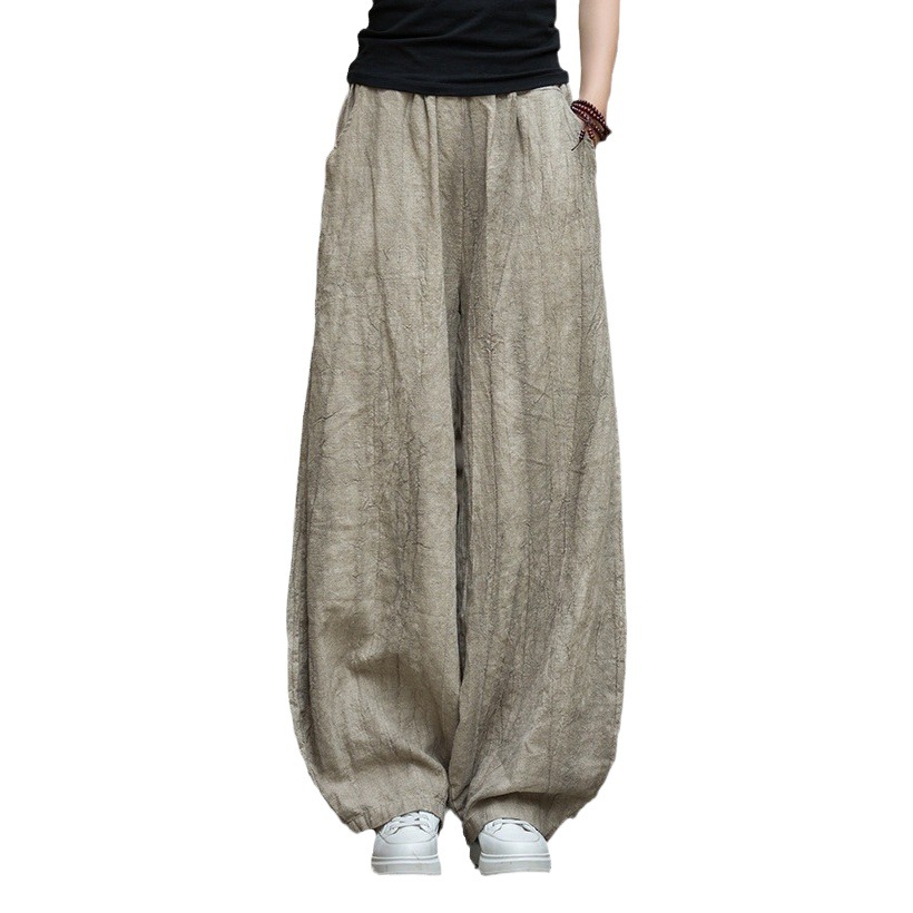 Ramie Tie-Dye Distressed Fleece-Lined Thickened Long Pants Winter Cotton-Linen Women's New Style Artistic Versatile Casual Lantern Pants Cotton Pants