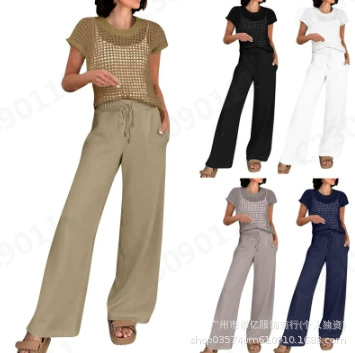 2025 Amazon Европа и США лето новая мода повседневная женская одежда с короткими рукавами шнурок сплошной цвет пригородной брюки костюм женский