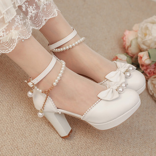 25 Spring 9cm 33-48 Ultra High Heel Loli Lolita Student Beaded Toe Sandals Mary Jane Shoes Leather Shoes