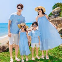 2025夏季新款两件套纯色女裙亲子装沙滩款一家四口夏季休闲套装