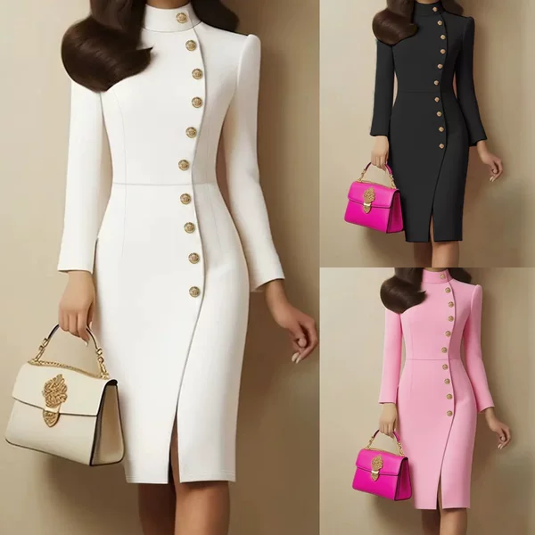 2025 Amazon Wish Cross-Border Autum New Pure Color Fashion Stand Collar Slim Metal Buckle Slit Dress for Women
