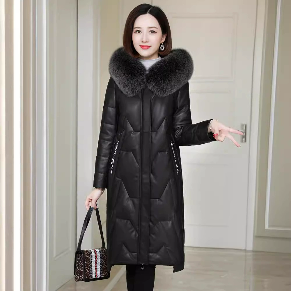 Fitted down jacket, genuine leather