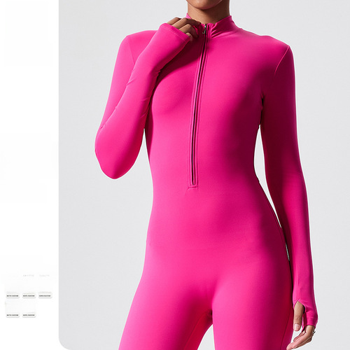 Cross-border long-sleeved outdoor sports one-piece fitness clothing zipper training tight hip-lifting sports one-piece yoga wear