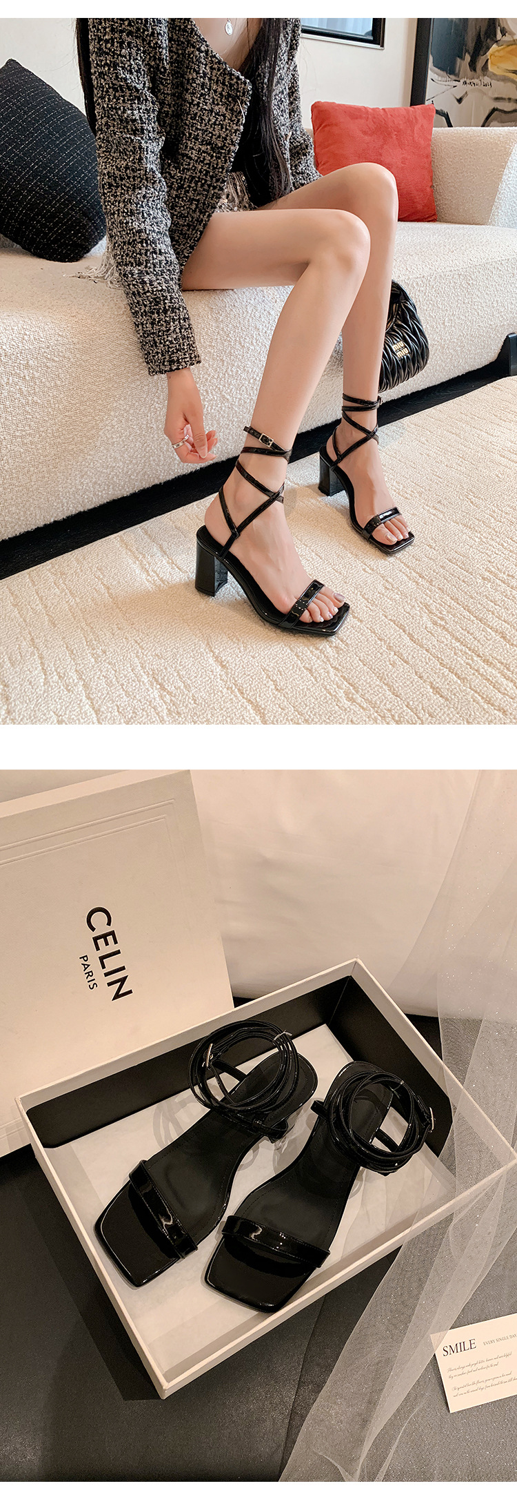Sandal cao gót nữ hở mũi quai chân phong cách tiên nữ gót thô — Màu đen chi tiết 21