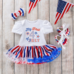 跨境專供獨立日嬰幼童包屁連衣裙3件套夏季印花哈衣裙學步鞋套裝