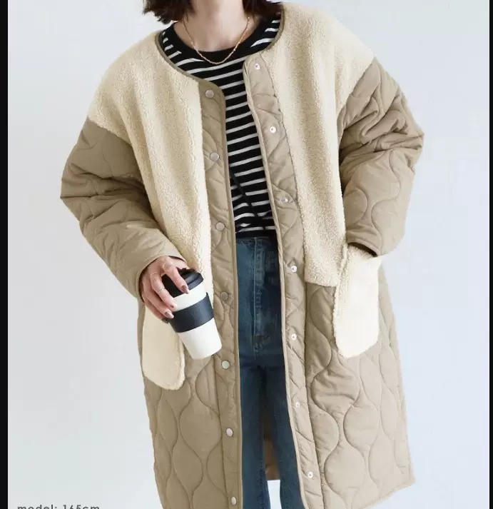 日系新款拼接棉服冬季2025设计感韩版中长款圆领夹棉羊羔棉衣外套
