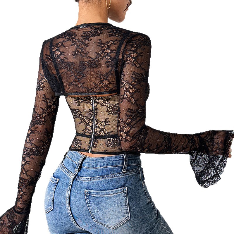 Sexy Lace Mesh Two Piece Hot Girl Camisole Vest Design See Through Backless Long Sleeved Shawl_voghion.com
