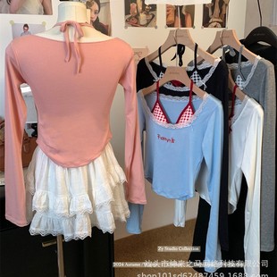New Letter Embroidered Long Sleeve T-Shirt Autumn Slim Sweet Spice Girl Top Plaid Corset Fake Two Pieces Factory Outlet