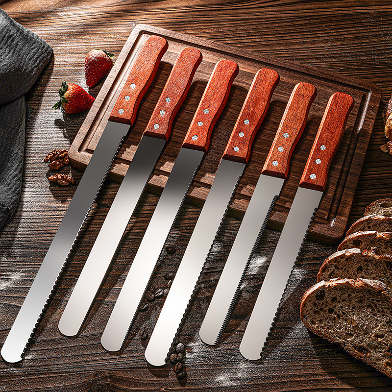 Stainless steel bread knife 8 inches 10 inches 12 inches wooden handle straight kiss cake knife baking tool toast fine serrations