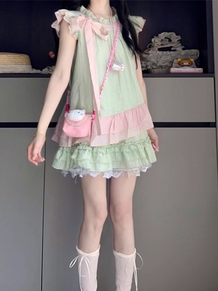 小飞袖蝴蝶结衬衫连衣裙子女夏季2025新款小个子甜美蛋糕短裙套装