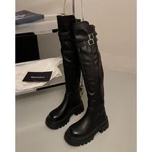 2025年新款皮带扣西部骑士靴高筒粗跟长靴过膝靴子厚底长筒靴女鞋