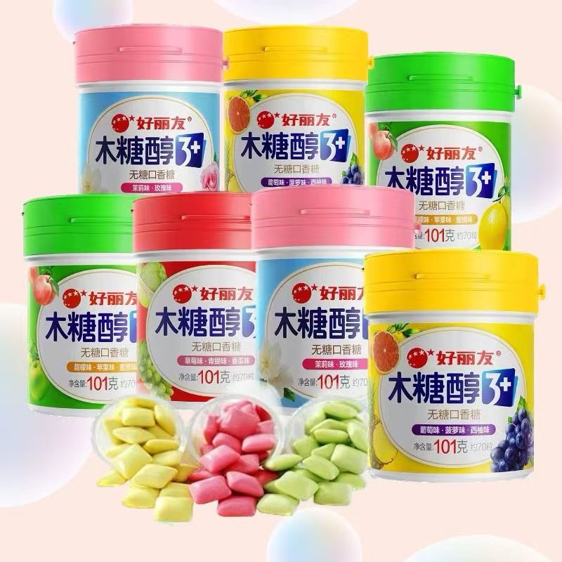 好丽友木糖醇3+无糖口香糖101g瓶装约70粒水果味花香味批发