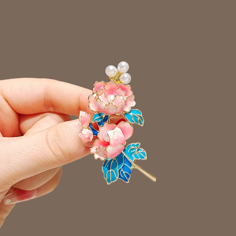 Chinese Style Elegant Enamel Peony Flower Brooch Retro Painted Flower Pin Corsage Suit Lapel Clothing Accessories