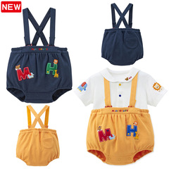 miki屁屁褲春夏新款男女童卡通字母小熊刺繡田雞褲背帶褲代發