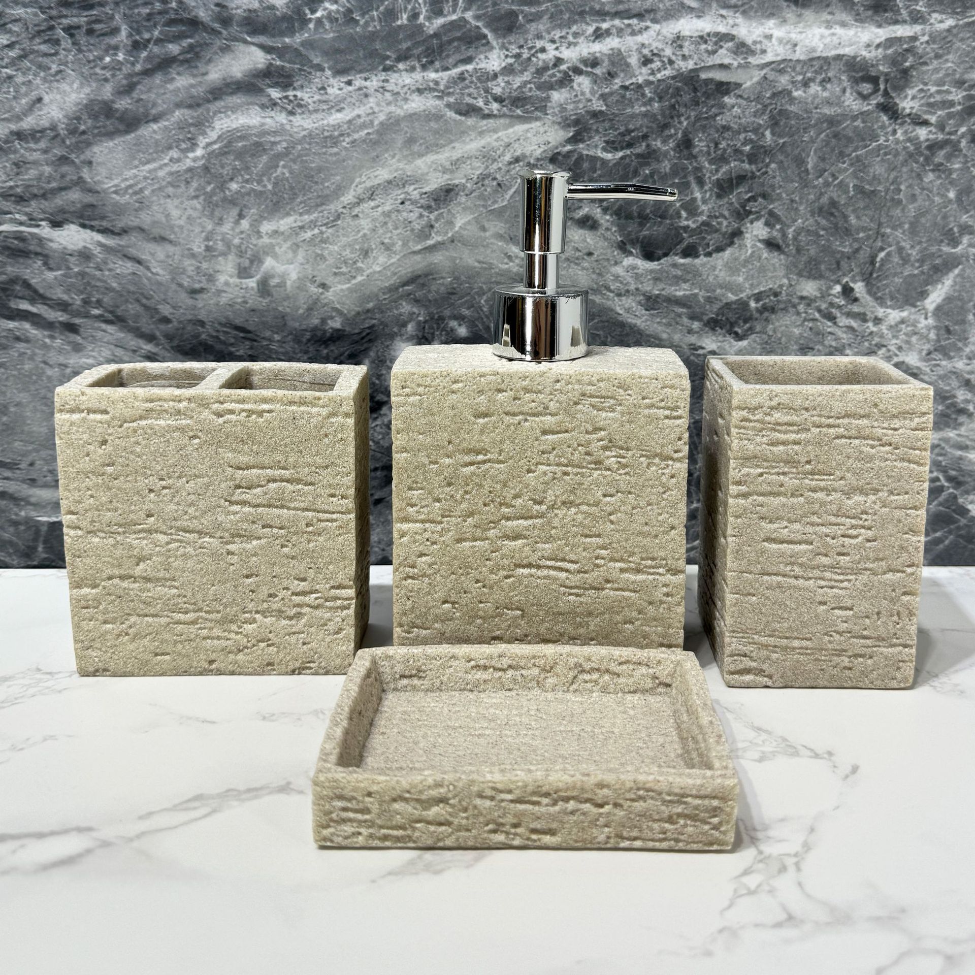 Diseño de piedra arenisca de imitación de estilo nórdico, baño de arena y grava de cuatro piezas, baño de hotel, juego de lavado, taza de enjuague bucal, soporte para cepillos de dientes