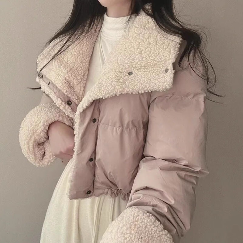 双面穿羊羔毛棉服女短款翻领外套韩版仿宽松长袖面包服外搭棉衣冬|undefined