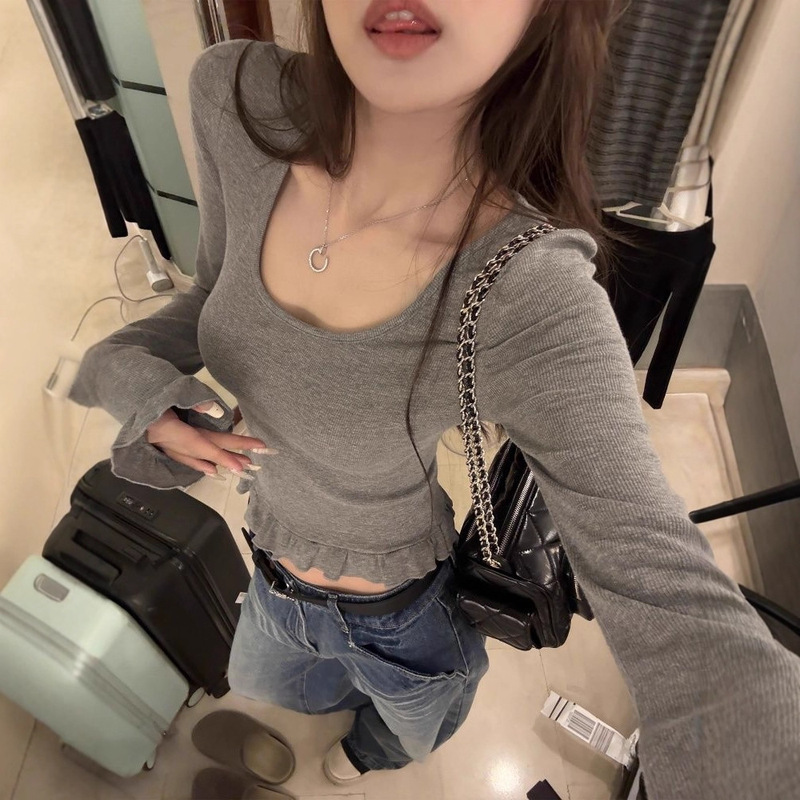 Korean Style Round Neck Fungus Lace Long-Sleeved T-Shirt for Women Autum New Pure Color Slim Sexy Slimming Look Top Modal